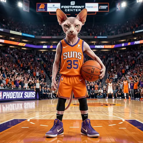 Sphynx Cat in Phoenix Suns Jersey on NBA Court