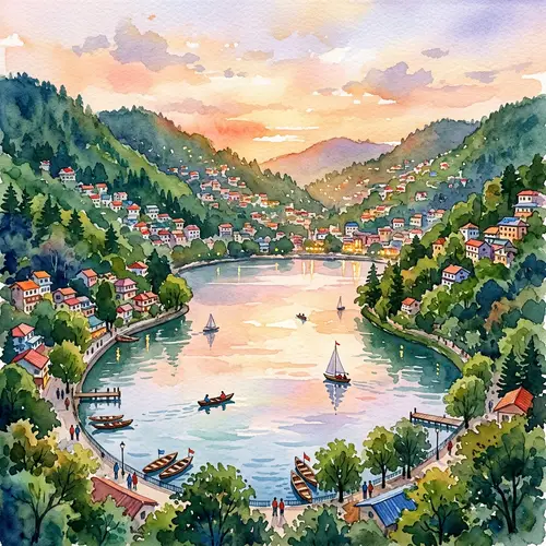 Nainital Watercolor Landscape | Captivating Lake & Green Hills