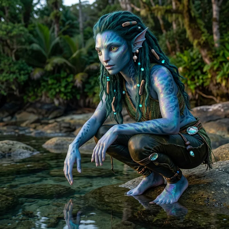 Exotic Extraterrestrial Beauty - Avatar Humanoid with Aquatic Creatures and Primate Monkeys