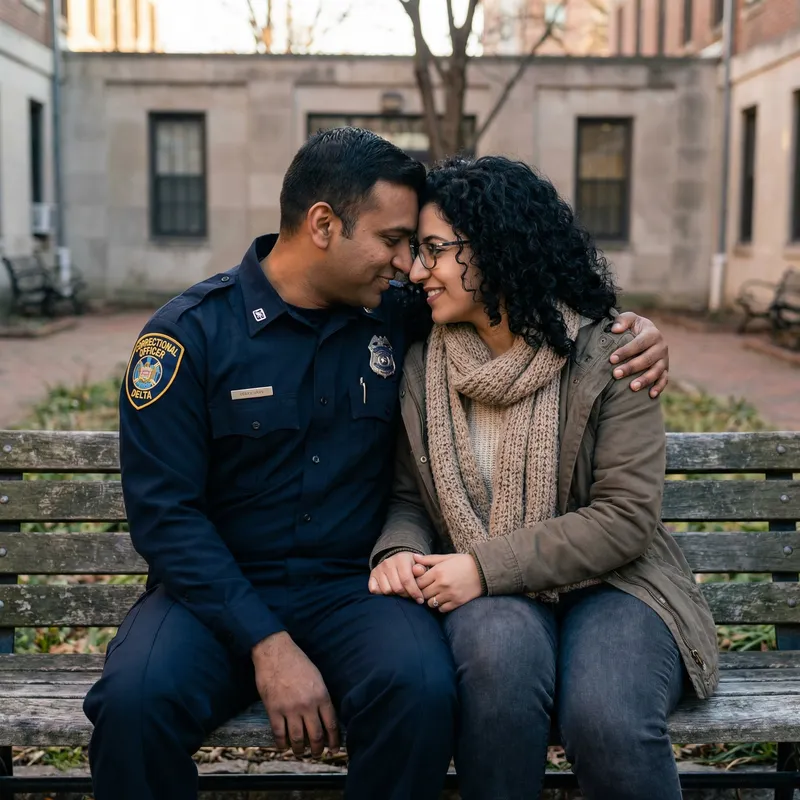 Tender Moment of Kissing Couple: South Asian Man in BJMP Delta Uniform and Eyeglass-Wearing Woman