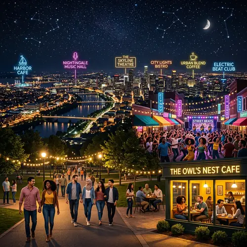 City Night View with Diverse People Enjoying Local Spots