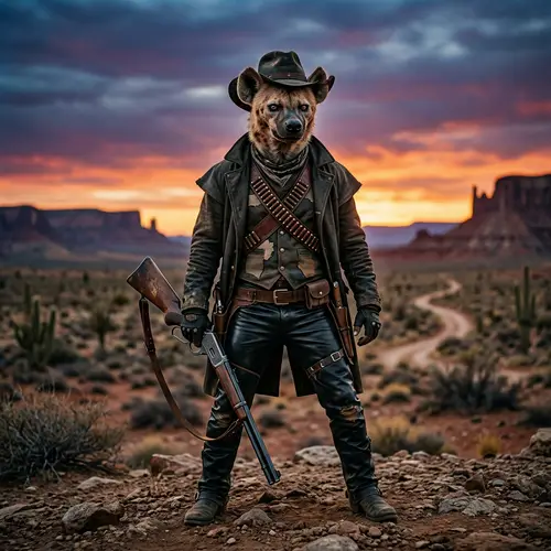 Hyena Bandit Character in Dominant Pose with Vintage Rifle