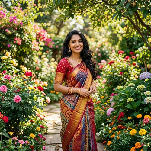 Beautiful South Asian Woman in Colorful Saree among Flowers