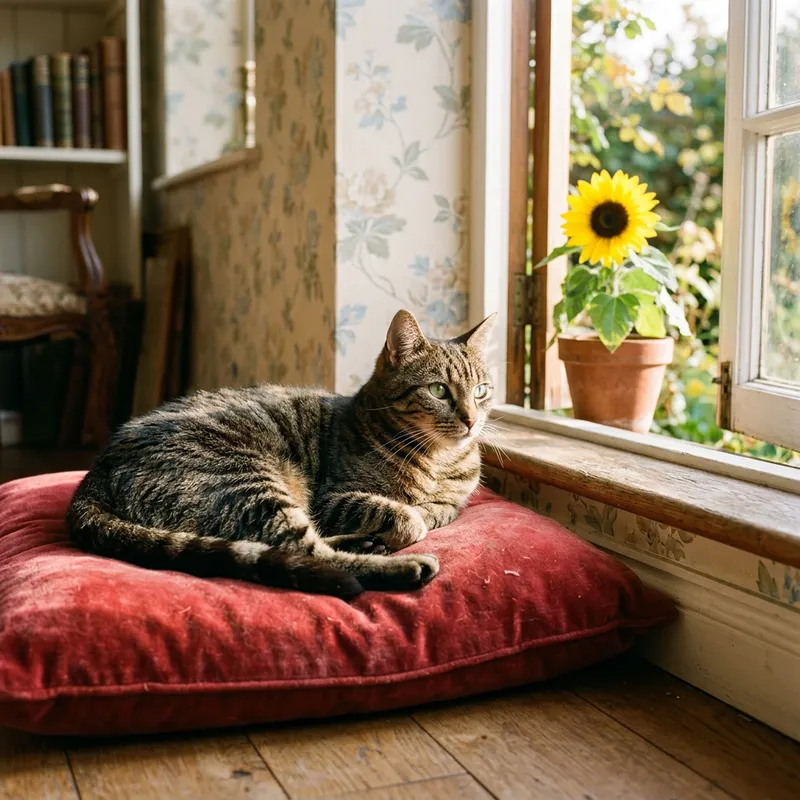 Elegant Tabby Cat on Red Cushion | Tranquil Home Setting