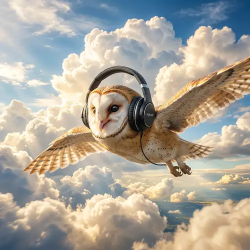 Funky Owl Soaring Through Clouds with Stylish Headphones