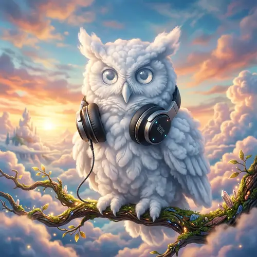 Whimsical Cloud Owl with Modern Headphones