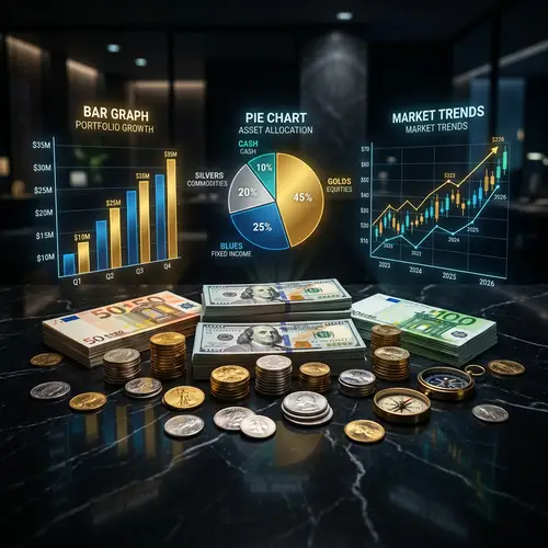 Dark Theme Finance Photo with Currency Notes, Coins, and More