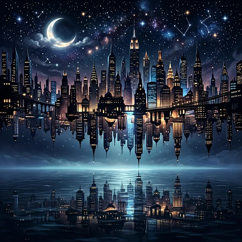 Dark Theme Upside-Down Urban Seascape: Night Sky, Cityscape, Ocean