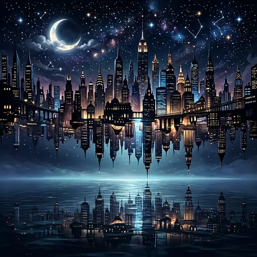 Inverted World Illustration: Night Sky, Cityscape, and Ocean