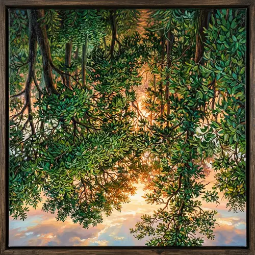 Sunlit Forest Canopy Oil Painting | Detailed Upside-Down Art