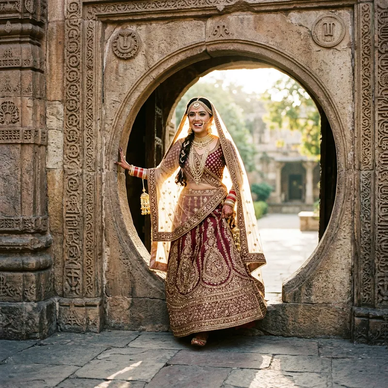 South-Asian Bride Exiting Ancient Stone Wall | Ethereal Wedding Moment