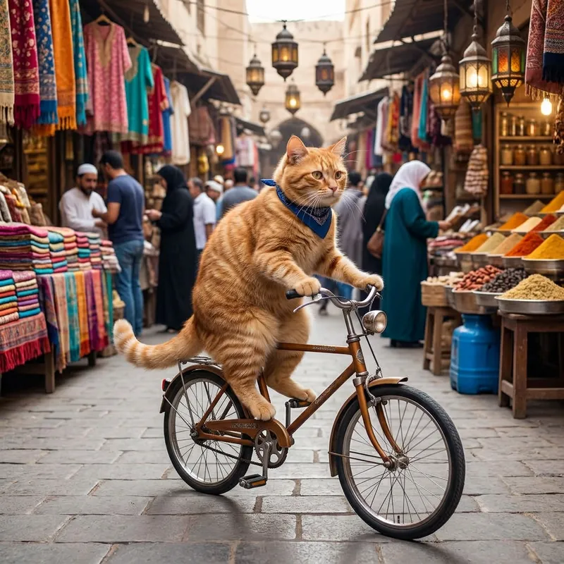 Cat Riding Bicycle in Market with Robot Transformation Cat Riding Bicycle in Market with Robot Transformation