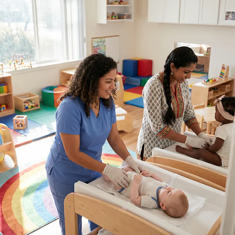 Diverse Babysitters Caring for Infants in Diapers