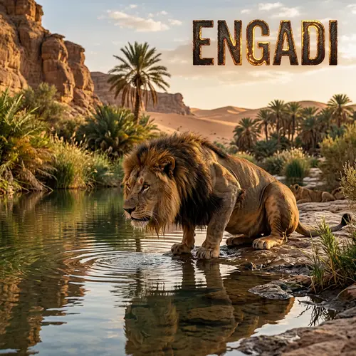 Engage with a Captivating Image of a Lion at an Oasis | Engadi