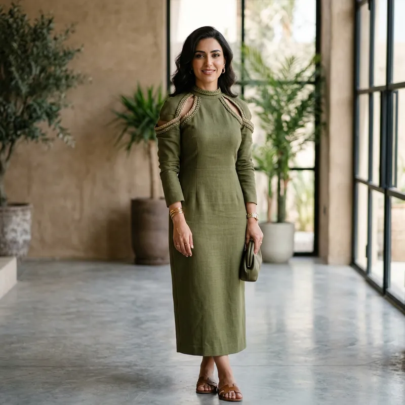 Elegant Woman in Olive Green Dress | Modern Fashion Editorial Elegant Woman in Olive Green Dress | Modern Fashion Editorial