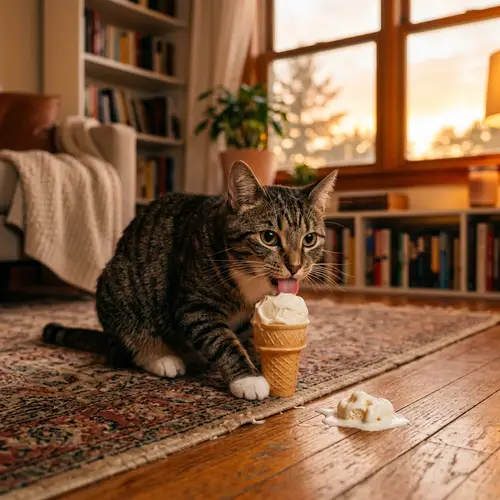 Tabby Cat enjoying vanilla ice cream - Cute and Playful Scene