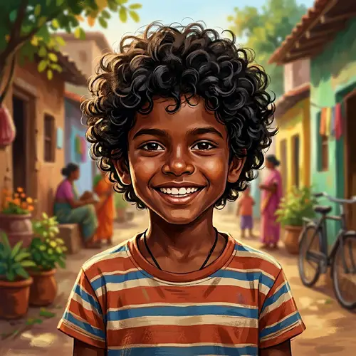 Indian Boy Illustration with Dark Skin and Curly Hair