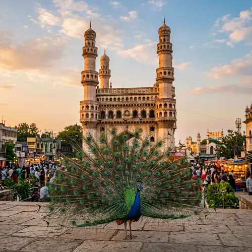 Captivating Peacock Image with Iconic Charminar Backdrop