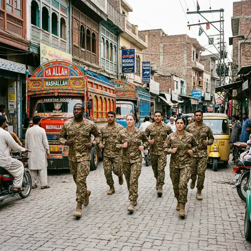 Diverse Group of Army Officers Running in Pakistani Street