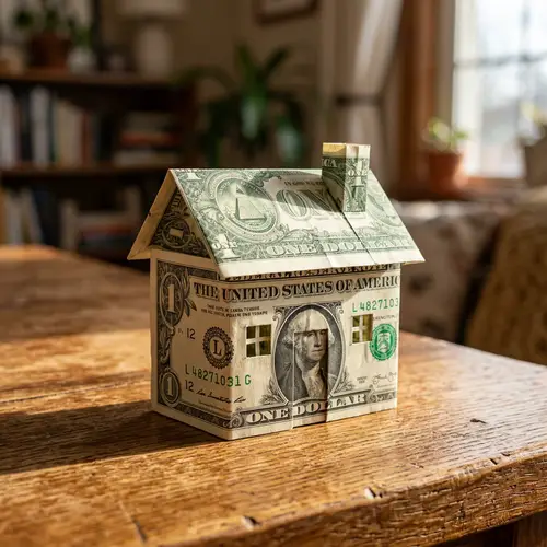 Intricately Crafted Miniature Dollar Bill House on Wooden Table
