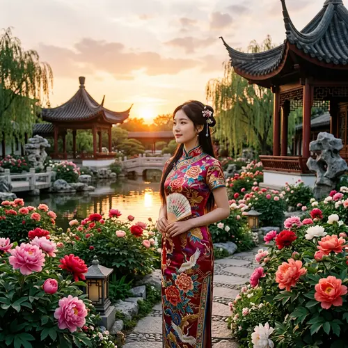 Tranquil Chinese Garden with Peonies and Traditional Pavilion
