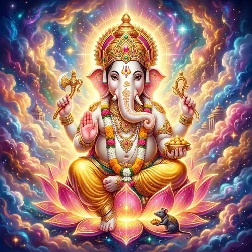 God Ganesha: Vibrant Deity Among Mystic Clouds | Divine Blessing Pose