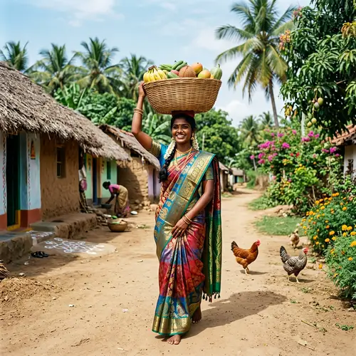 Beautiful Tamil Nadu Village Woman in Traditional Saree with Gold Threads