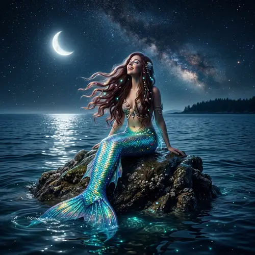 Mystical Mermaid Sings in Moonlit Ocean