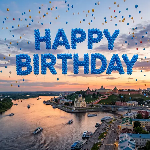 Happy Birthday Balloons Over Scenic River | Nizhny Novgorod