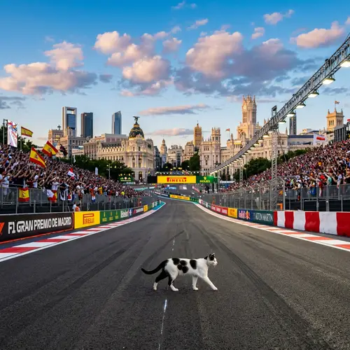 Graceful Domestic Cat Striding on Madrid F1 Race Track