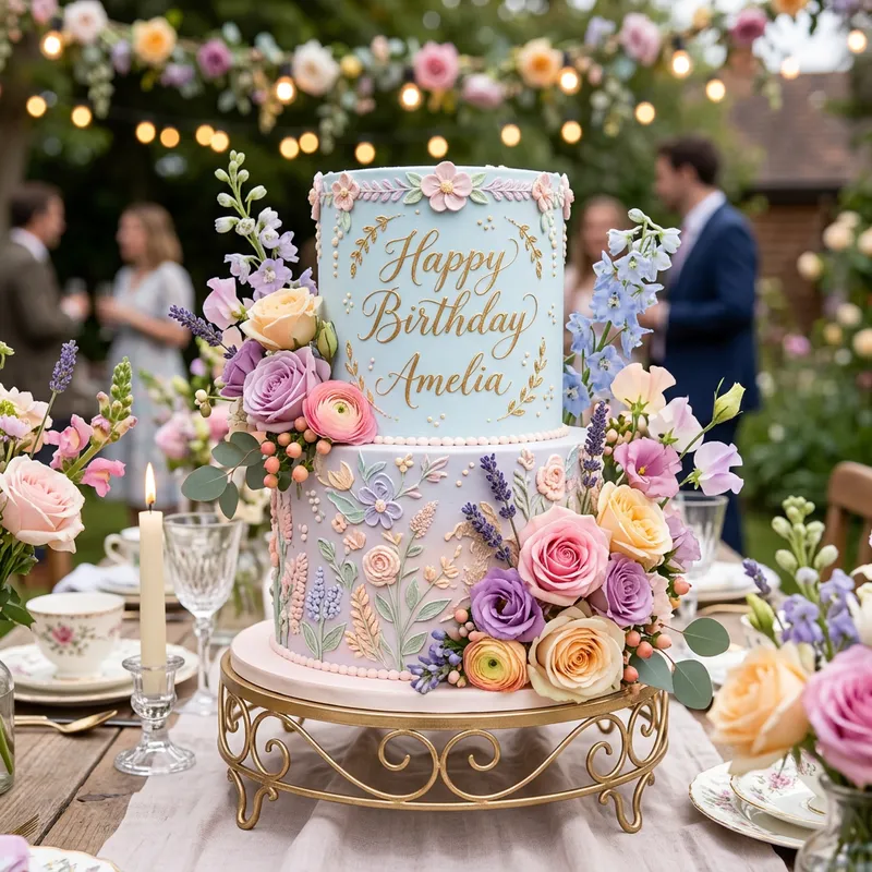 Elegant Birthday Cake with Vibrant Flowers and Gold Calligraphy - Missie Joan's Special Day