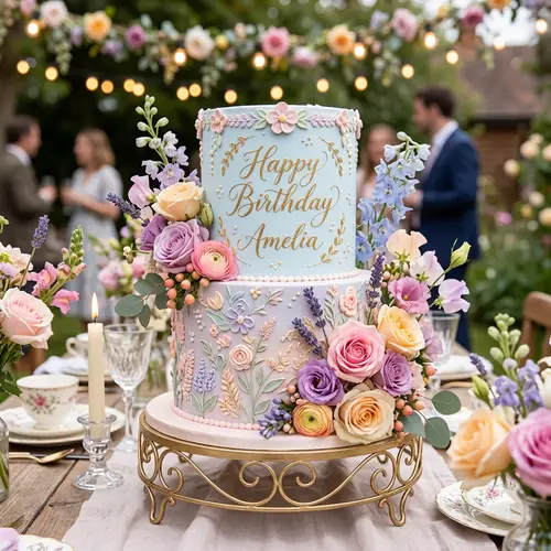 Elegant Birthday Cake with Vibrant Flowers and Gold Calligraphy