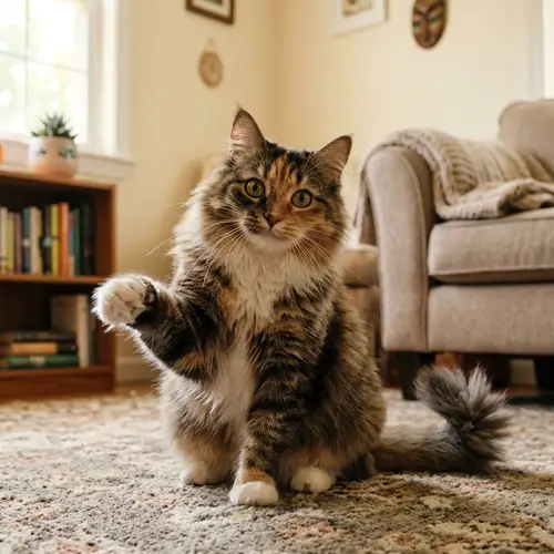 Fluffy Cat with Curved Tail and Playful Demeanor