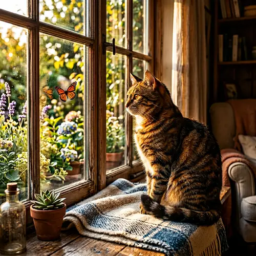 Serene Tabby Cat by the Window | Intrigued by a Butterfly