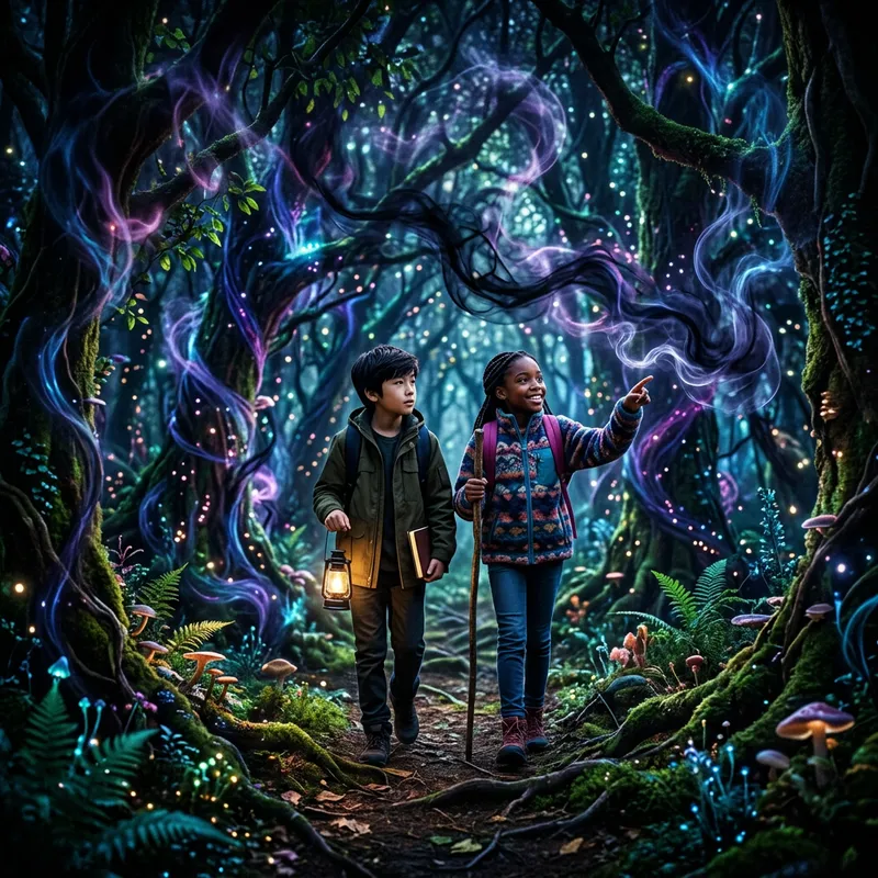 Enchanting Forest with Boy and Girl Casting Dark Magic