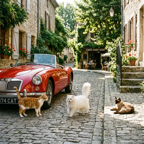 Enchanting Scene: Three Cats & a Vintage Car