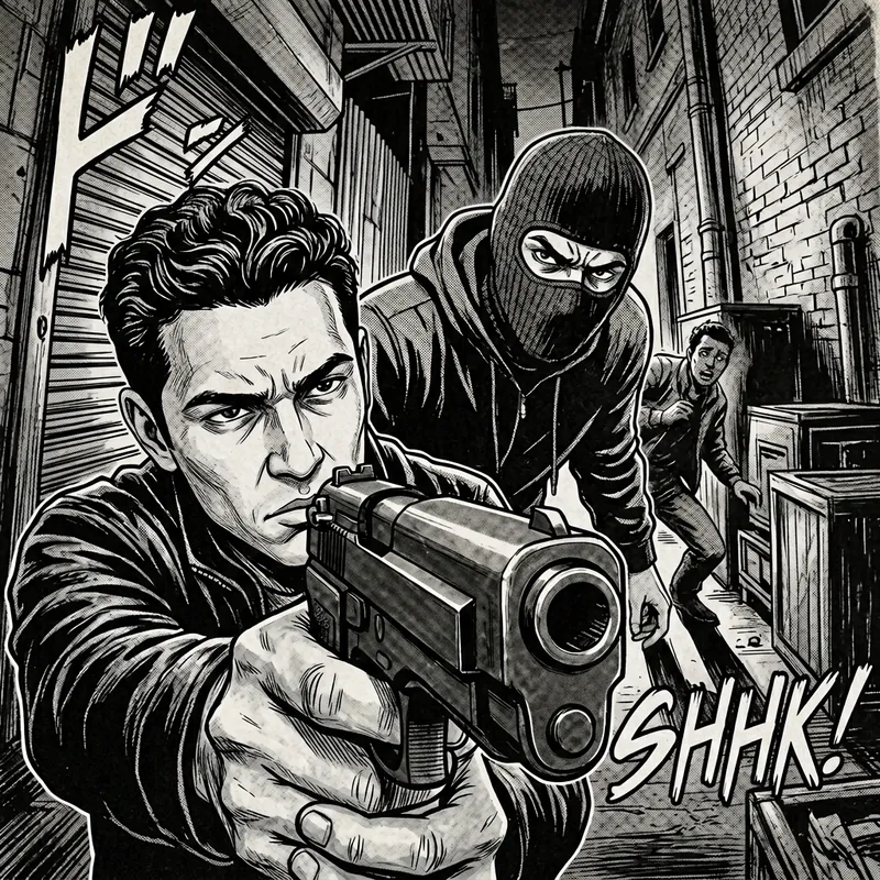 Intense Manga Art: Gunman in Balaclava with Sabattier Effect