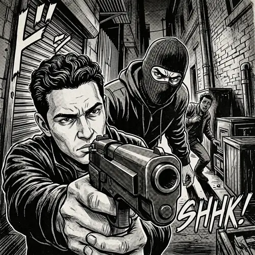 Suspenseful Manga Style Illustration with Hispanic and Caucasian Characters in Sabattier Effect