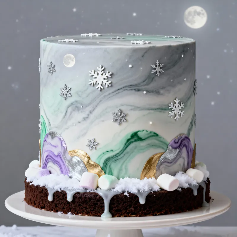 Elegant Lilac Green Chocolate Cake with Snowflakes