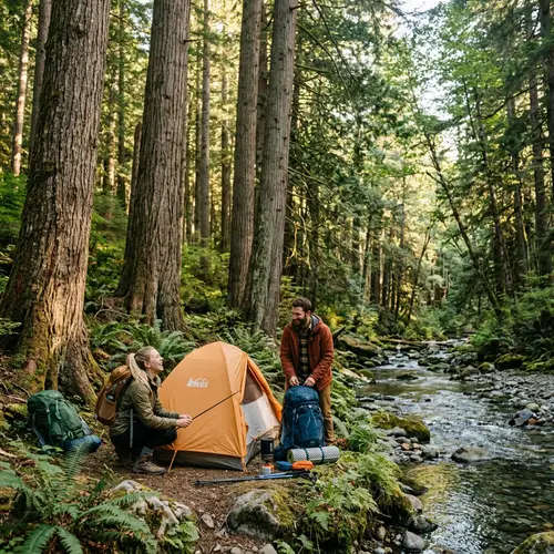 Hikers Camp in Pristine Forest by Crystal Stream