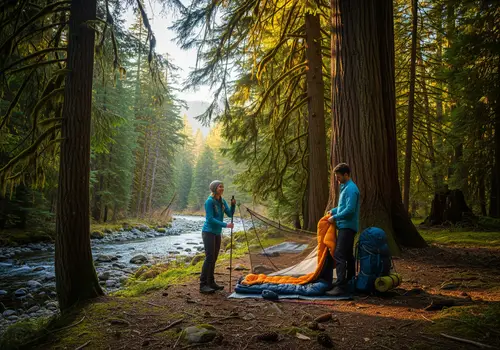 Hikers Camp in Pristine Forest by Crystal Stream