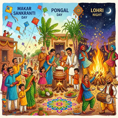 Indian Harvest Festivals: Makar Sankranti, Pongal, Lohri - Celebratory Illustration