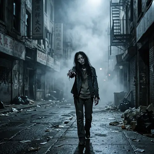 Asian Female Zombie Walking in Abandoned City