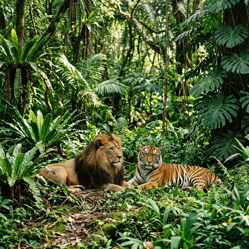 Lion and Tiger Together in Lush Jungle