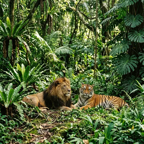 Lion and Tiger Together in Lush Jungle