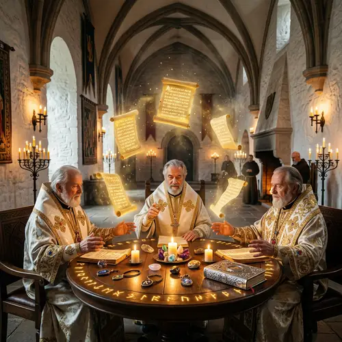 Enchanting Medieval Hall with Spiritual Priests
