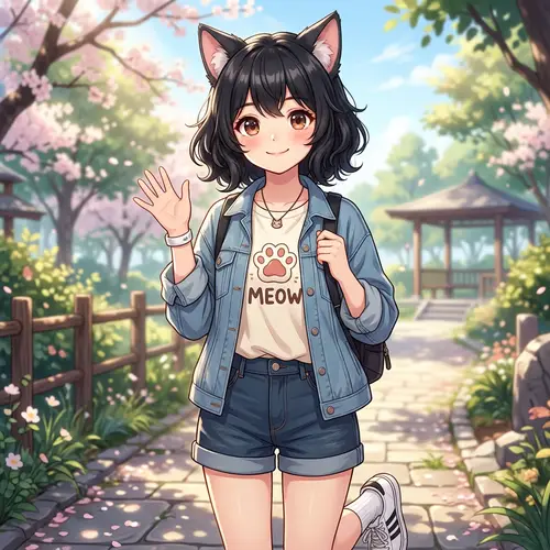 Anime-Style Teenage Girl with Cat Ears - Japanese Heritage