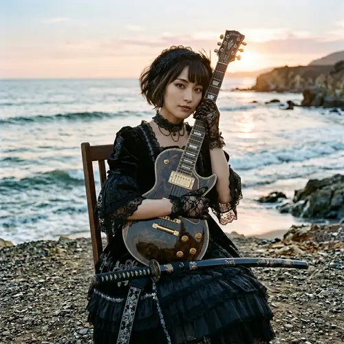 Japanese Woman With Electric Guitar in Luxurious Gothic Lolita Attire