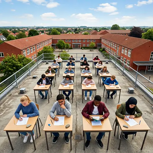 Dedicated Students Taking Exams on School Roof | Diverse Learning Environment