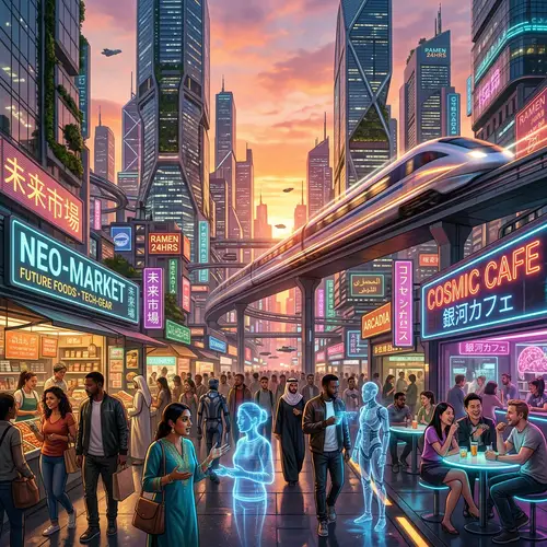 Futuristic Cityscape at Sunset - Diverse Crowd and Bullet Trains